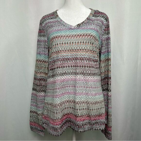 Prana Women’s Large Long Sleeve Top Aztec Vneck Lightweight Pink Green - Picture 1 of 9